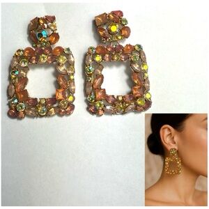 Pink Multi Color Glass Rhinestone Crystal Square Geometric Drop Earrings Costume
